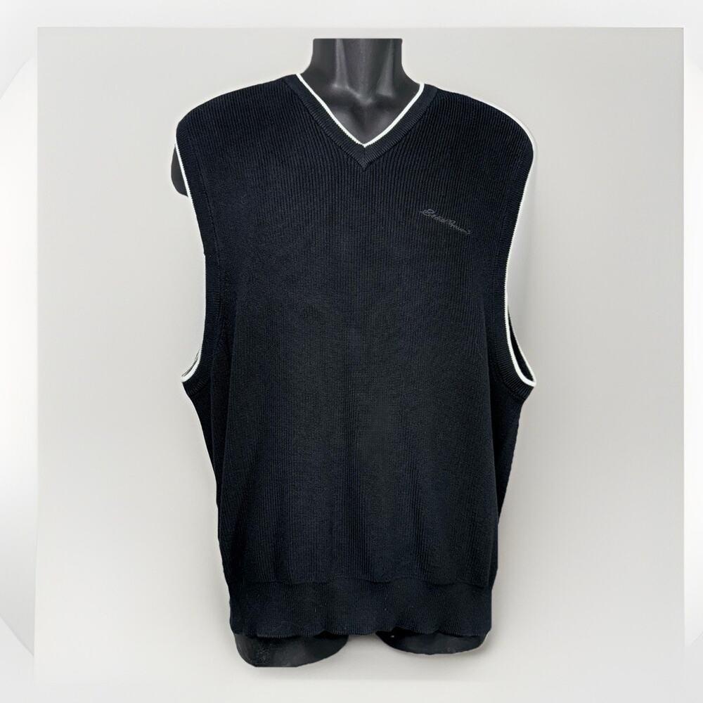 VTG 90s EDDIE BAUER XL Black White Ebtek‎ Golf Embroidered Cotton Sweater Vest